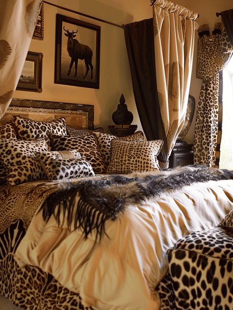 13 Safari-Themed Bedroom Ideas to Transform Your Sleeping Space! Leopard Comforter Bedroom, Cosy Room Inspiration, Cool Furniture Ideas, Leopard Theme Bedroom, Leopard Print Home Decor, Cheetah Bedroom Ideas, Safari Bedroom Ideas For Adults, Safari Bedroom Ideas, Black Bedding Room Ideas