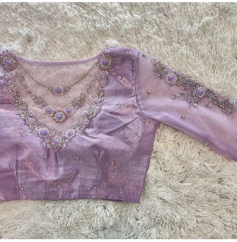 Fancy Saree Blouse Designs Latest Simple, Pastel Saree Blouse Design, Lavender Saree Blouse Designs, Lavender Blouse Design, Engagement Blouse Designs, Lilac Design, Netted Blouse Designs, Latest Bridal Blouse Designs, Blouse Designs Catalogue