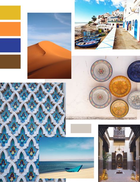 Mood board for Moroccan Caravan Tours Morocco Mood Board, Moroccan Mood Board, Arabian Majlis, Concept Sheet, Mood Board Fashion Inspiration, Jellyfish Jewelry, Moroccan Colors, Moroccan Interior Design, Chefchaouen Morocco