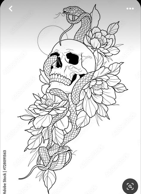 Snake Skull And Flower Tattoo, Skull Snake Flower Tattoo Design, Skull Snake Drawing, Skull Flowers Tattoo Design, Skull Snake Flower Tattoo, Snake Flower Tattoo Design, No Shading Tattoo, Snake Flowers Tattoo, Skull And Snake Tattoo Design