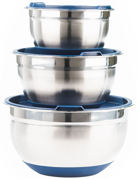 Fitzroy and Fox 3 Piece Stainless Steel Mixing Bowl Set with Lids, Non Slip Silicone Bottoms, and Volume Measurements (Blue) *** Check out this great image @ : Baking mixing bowls Mixing Bowls With Lids, Bowls With Lids, Mixing Bowl Set, Stainless Steel Mixing Bowls, Glass Mixing Bowls, Luxury Mirror, Keep Food Warm, Stainless Steel Bowls, Metal Bowl