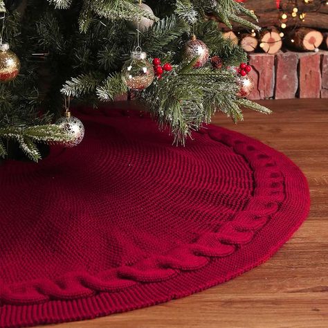 Knitted Christmas Tree, Vintage Christmas Tree Skirt, Red Christmas Tree Skirt, Xmas Tree Skirts, Christmas Skirt, Red Christmas Tree, Red Tree, Rustic Christmas Tree, Mini Christmas Tree