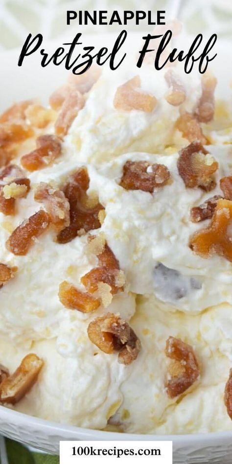 Easy Pineapple Pretzel Fluff Salad (Desserts Recipe) Ww Fluff Recipes, Hello Fluff, Pretzel Fluff Salad, Pudding Salads, Pineapple Fluff Recipe, Pineapple Pretzel Fluff, Old Fashioned Pecan Pie Recipe, Pretzel Fluff, Pineapple Bake