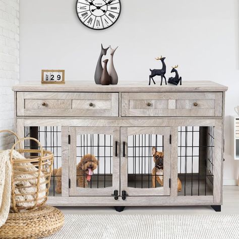 58" Wooden Dog Crate Furniture with Openable Partition, 2 Drawers, 5-Doors, 2 Rooms and TV Stand Function, Ideal for Indoor Use (Grey) Pet Crate Furniture, Dog Kennel End Table, Dog Crate End Table, Dog Crate Table, Wood Dog Crate, Indoor Dog Kennel, Crate End Tables, Wooden Dog Kennels, Wooden Dog Crate