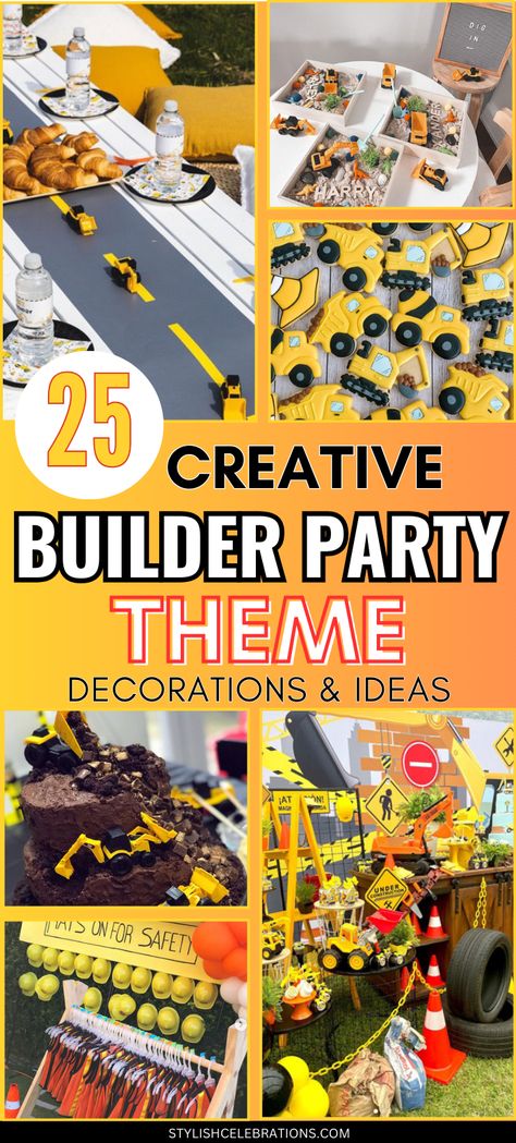 The Best Builder Party Theme Decorations & Ideas Construction Birthday Party Appetizers, Construction Theme Birthday Party Activities, Im Digging Being 1 Birthday, Construction Trunk Or Treat Ideas, Bulldozer Birthday Party, Three Year Old Construction Birthday, Construction Party Games Activities, Construction Theme Birthday Party Cake, Digger Party Ideas