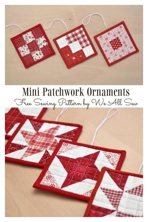 Mini Patchwork Christmas Ornament Free Sewing Patterns | Fabric Art DIY Quilted Ornament Pattern Free, Easy Christmas Sewing Projects, Small Quilted Gifts, Fabric Art Diy, Christmas Sewing Patterns, Mini Patchwork, Giant Christmas Ornaments, Patchwork Christmas, American Patchwork And Quilting