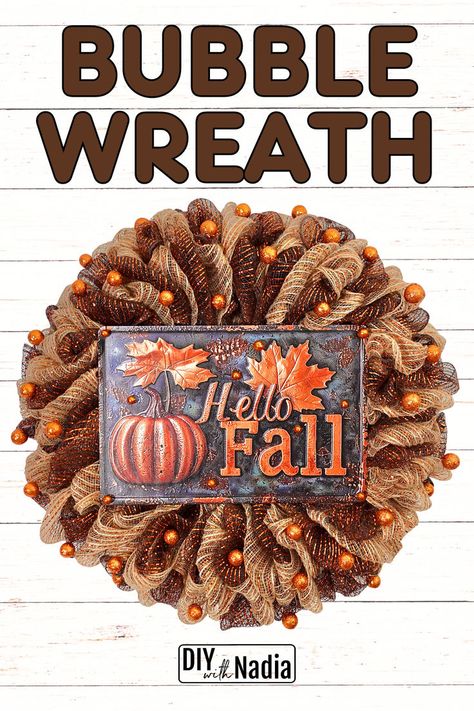 NO FRAY Fall BUBBLE WREATH Deco Mesh Autumn DIY Tutorial #wreath #fallwreath #bubblewreath Bubble Wreath Tutorial, Deco Mesh Wreath Tutorial, Metal Wreath Ring, Bubble Wreath, Wreath Making Tutorials, Mesh Garland, Deco Mesh Garland, Autumn Diy, Burlap Mesh Wreath