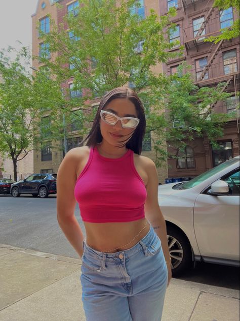 #pink #zara #pinkdrink # Pink Crop Top Outfit Jeans, Pink Crop Top Outfit, Pink Mesh Top, Crop Top Outfit, Hot Pink Tops, Baby Drawing, Pink Drinks, Pink Crop Top, Top Outfit