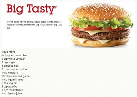 McDonalds Big Tasty Sauce Recipe clone Big Tasty Sauce, Mcdonalds Recipes, Big Mac Sauce Recipe, Big Tasty, Clone Recipe, Copykat Recipes, Burger Sauce, Delicious Burgers, Home Cinema