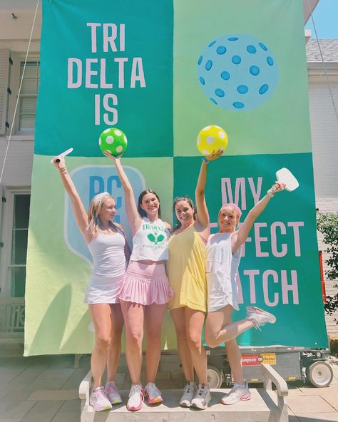 we aren’t in a pickle… we had a ball!! this week has been a racket!! match our energy!!!🤍🤸🏼‍♀️🏓🫶🏻🎾 Tri Delta, Bid Day Themes, Big Little Reveal, Bid Day, Reveal Ideas, Big Little, Pickleball