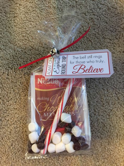 Party favor for Polar Express Winter Party at School. #webelieve 🎅🏻🦌🎄☃️🥛🍪 The Polar Express Trunk Or Treat, Polar Express Santa Pictures, Polar Express Event Ideas, Polar Express Themed Christmas Party, Polar Express Party Activities, Polar Express Snacks For School, Polar Express Goodie Bags, Polar Express Trunk Or Treat Ideas, Polar Express Treats For Kids