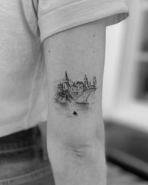 Hogsmeade Tattoo, Harry Potter Hogwarts Tattoo, Dainty Harry Potter Tattoos, Hogwarts Silhouette Tattoo, Hogwarts Skyline Tattoo, Hogwarts Is My Home Tattoo, Edinburgh Castle Tattoo, Harry Potter Tattoos Hogwarts Castle, Above Elbow Tattoos For Women