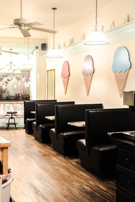 Ice Cream Shop Makeover - Aimee Weaver Designs, LLC Ice Cream Parlour Wall Design, Neon Ice Cream Shop, Ice Cream Parlor Interior Design, Cool Ice Cream Shops, Ice Cream Cafe Interior Design, Ice Cream Shop Ideas Interiors, Ice Cream Parlour Interior, Small Ice Cream Shop Design, Ice Cream Store Aesthetic