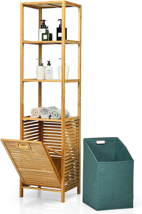 Tilt Out Laundry Hamper, Laundry Hamper Storage, Bamboo Shelf, Bamboo Bathroom, Freestanding Storage, Hamper Storage, Bathroom Storage Racks, Bathroom Storage Shelves, Bathroom Storage Organization