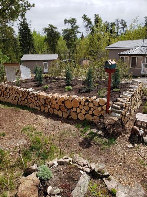 Low-Maintenance Raised Garden Bed Logs Ideas Garden, Log Raised Garden Beds, Logs In Garden, Log Garden, Wood Log Ideas, Log Ideas, Diy Garden Fence, Diy Cabin, Fire Pit Landscaping