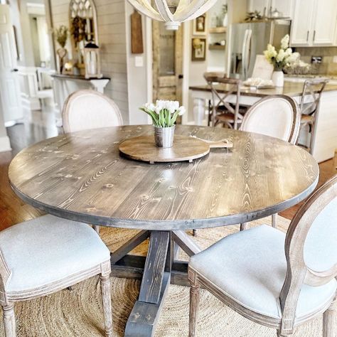 City & Shiplap on Instagram: “Remember playing telephone as a kid? Pass it on from one to the next 🤍 . Spaces should do the same! From Jess’s dinner table you can see…” Small Farmhouse Kitchen Table Round, Circular Farmhouse Table, Breakfast Table Farmhouse, Round Kitchen Table Farmhouse, Round Dining Room Table With Rug, Farmhouse Circle Dining Table, Farmhouse Dining Room With Round Table, Round Farmhouse Table And Chairs, Farmhouse Round Kitchen Table