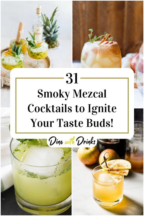 Collage of 4 smoky mezcal cocktails. Mezcal Cocktail Recipes, Smoked Mezcal Cocktail, Spicy Mezcal Cocktails, Fall Mezcal Cocktails, Smoky Cocktails, Spicy Cocktails, Mezcal Margarita, 2023 Food, Paloma Cocktail