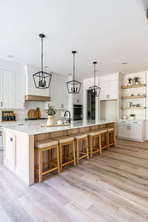 Kitchen Tall Ceilings, White Kitchen Wood Accents, L Kitchen, Home Mood Board, Kitchen Farmhouse, Lake House Kitchen, Dream Kitchens Design, Farmhouse Kitchen Design, Interior Design Boards