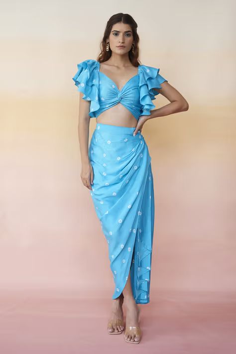 Zurich Crop Top And Skirt Set Bandhej Print, Crop Top And Skirt Set, Crop Top And Skirt, Top And Skirt Set, Draped Skirt, Blue Crop Tops, Top And Skirt, Designer Gowns, Ruffle Sleeves