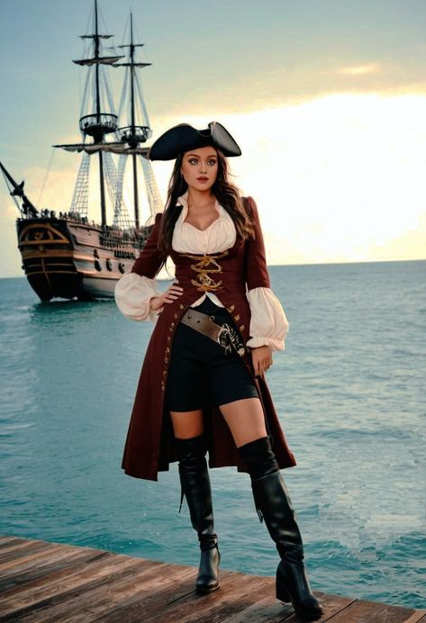 Pirate Attire Women, Woman Sailor Costume, Pirates Outfit Female, Pirate Female Outfits, Pirates Costume Female, Pirate Cosplay Female, Pirate Outfit Female, Pirate Poses, Descendants Cosplay