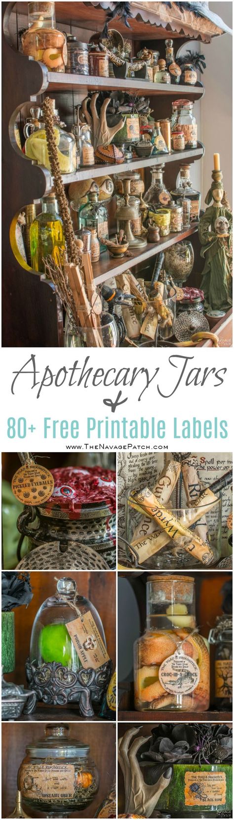 Apothecary Jars and Free Printable Labels | DIY potion bottle and spell books Halloween decor | Harry Potter theme Halloween decor ideas | Free printable labels for apothecary jars | DIY apothecary jars with Dollar store supplies | Spooky and fun witches kitchen ideas | #TheNavagePatch #Halloween #diy #easydiy #potionbottle #potion #halloweedecor # halloweenparty #dollarstore #dollartree #upcycle #repurposed #HarryPotter | TheNavagePatch.com Haunted Kitchen Ideas, Diy Apothecary Jars, Halloween Apothecary Jars, Diy Apothecary, Apothecary Jars Decor, Jars Decor, Diy Halloween Dekoration, Witches Kitchen, Jars Diy