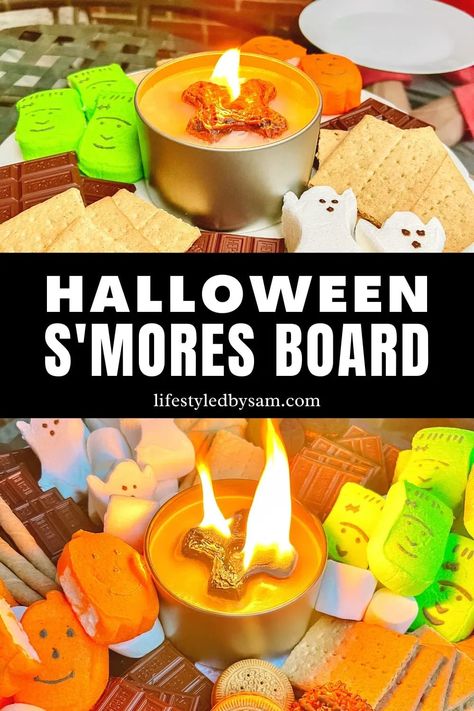 Halloween Party Desserts: S'mores Board {Halloween Recipe & Activity For Kids & Adults}. This Halloween S’mores Charcuterie Board is a fun Halloween activity for kids and adults. It’s filled with everything you need to make the perfect s’more: gram crackers, chocolate, marshmallows, and more. Enjoy this s’mores board for Halloween movie night, Halloween date night, or just because. Halloween S’mores Board, Halloween S’mores Charcuterie, Halloween Smores Charcuterie Board, Halloween Smores Bar, Movie Night Halloween, Halloween Date Night, Halloween Smores, Halloween Party Desserts, Campfire Snacks