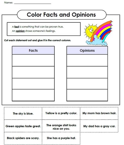 Check out this cut and glue fact and opinion worksheet!  Visit Super Teacher Worksheets to see the entire collection. Personal Worksheets, Fact Opinion Activities, Opinion Writing Kindergarten, Fact And Opinion Worksheet, Reading Facts, Coloring Drawing, Gain Knowledge, Have Fun Teaching, Super Teacher