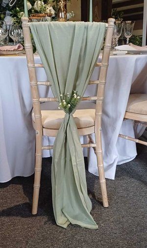 Cheesecloth Vertical drop  - Sage Green Sage Green Chair Covers Wedding, Sage Chair Sashes Wedding, Green Wedding Chair Sashes, Wedding Chair Greenery, Sage Green Wedding Chairs, Sage Green Chair Sash, Green Decorations Wedding, Chair Sash Ideas Wedding, Sage Green Table Setting