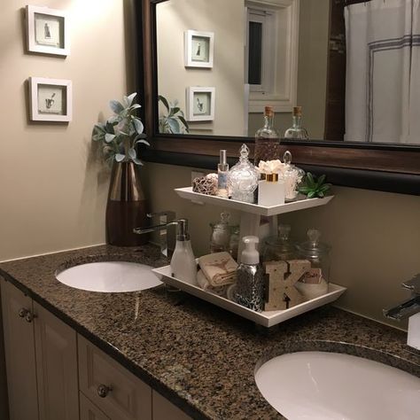 Bathroom Counter Tray Ideas, Bathroom Organization On Counter, Bathroom Two Tier Tray Decor, Bathroom Counter Decor Decorative Trays, Tiered Bathroom Tray, Small Bathroom Counter Decor, Cozy Bathrooms, Bathroom Tiered Tray Decor, Organize Bathroom Counter