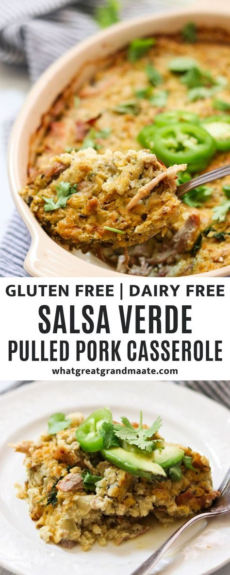 This Salsa Verde Pulled Pork Casserole is a great way to use up leftover pulled pork, and you’ll love how flavorful and delicious it is! It’s also grain free, and packed with so much flavor. Paleo Pulled Pork, Low Carb Pulled Pork, Pulled Pork Casserole, Pulled Pork Leftover Recipes, Leftover Pulled Pork, Dairy Free Keto Recipes, Pork Casserole, Yummy Casserole Recipes, Paleo Main Dishes