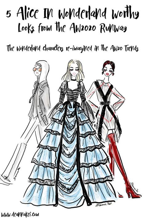 5 Wonderland Worthy Looks for the AW2020 Runway Shows (Gucci, Alexander McQueen, JW Anderson) - Illustrated by Deanna Kei - follow the link to see all 5 - Old Disney Movies, Embellishment Details, 2020 Runway, Punk Boots, Ribbed Sweater Dress, Playing Cards Design, Dress Sketches, Ny Fashion, Old Disney