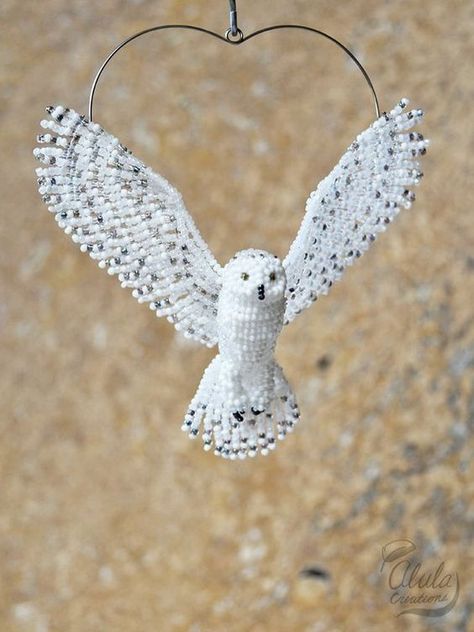 Owl Suncatcher, Beaded Owl, Beaded Bird, Bead Brooch, Owl Artwork, Art Perle, Beadwork Necklace, Owl Ornament, Bird Necklace