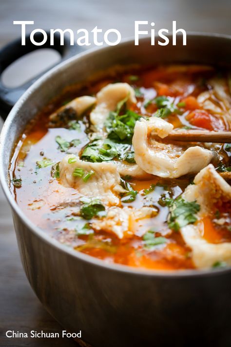 Chinese tomato fish. Ingredients: 1 kg fish fillets, 2 large tomatoes (peeled and cut into small cubes), 100g oyster mushrooms, 4 garlic cloves, 1 cup celery (cut into 1 inch sections), 1/4 red onion (cut into pieces), a handful coriander, 2 green onions (chopped), 4 tablespoons cooking oil (divided). Fish Marinade: 2 tbsp Chinese cooking wine, 1 tbsp minced ginger, 2 spring onion whites, pinch of salt, dash of pepper, 1 egg white, 2 tbsp starch Asian Fish Soup, Chinese Fish Soup Recipe, Chinese Fish Recipe, Asian Soup Recipes, Asian Soups, Chinese Fish, Fish Marinade, Sichuan Food, Chinese Cooking Wine