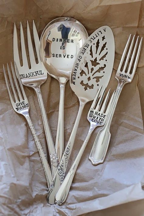 Stamped Silverware, Metal Stamping Projects, Flatware Crafts, Metal Stamping Diy, Silver Spoon Jewelry, Cutlery Art, Silverware Crafts, Silverware Art, Spoon Crafts