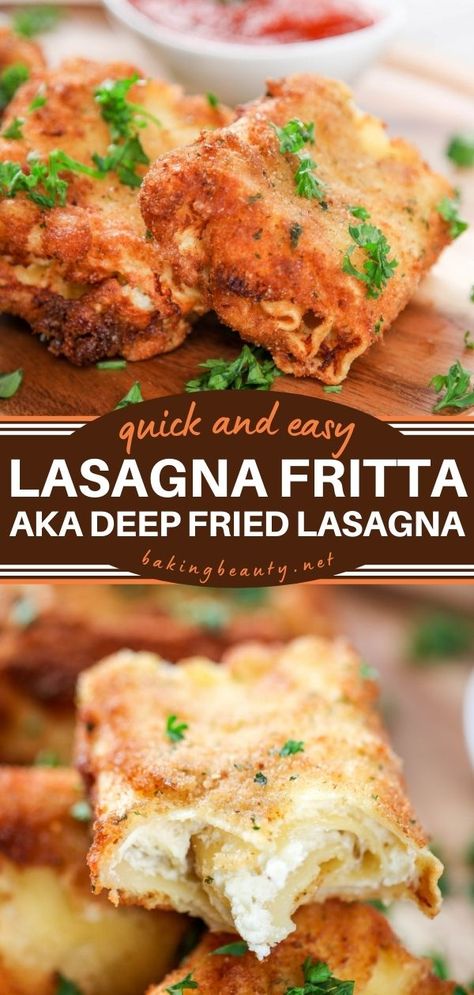 Lasagna Fritta aka Deep Fried Lasagna Air Fryer Lasagna Fritta, Deep Fried Spaghetti, Deep Fried Dinner Ideas, Deep Fried Lasagna Rolls, Deep Fried Recipes Easy, Lasagna Fritta Recipe, Fried Lasagna Rolls, Deep Fried Lasagna, Lasagna Fritta