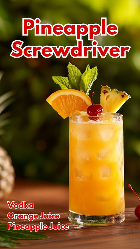 Pineapple Screwdriver Fruity Vodka Drinks Easy, Pineapple Refresher Recipe, Pineapple Vodka Cocktails, Pineapple Screwdriver, Pineapple Alcohol Drinks, Pineapple Vodka Drinks, Orange Alcoholic Drinks, Fruity Vodka Drinks, Screwdriver Drink