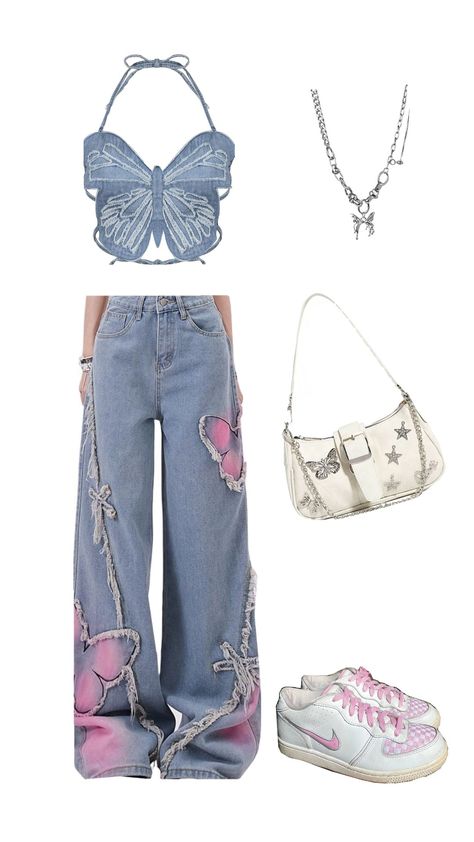 Butterfly Denim with a Hint of Pink Outfit Butterfly Top Outfit, Blue Concert Outfit, Butterfly Outfit, Concert Outfit Inspo, Butterfly Top, Concert Fits, Outfit Jeans, Top Outfit, Purple Butterfly