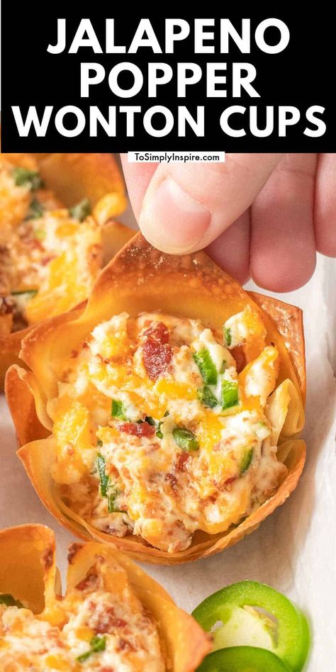 Jalapeno Popper Wontons, Wonton Cups Appetizers, Jalapeno Appetizer, Jalapeno Wonton Poppers, Wonton Appetizers, Wonton Wrapper Recipes, Crispy Wonton, Wonton Cups, Poppers Recipe