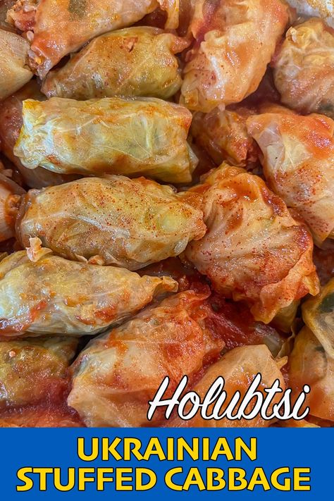 This Ukrainian Stuffed Cabbage dish is called Holubtsi. Tender cabbage rolls are stuffed with seasoned ground beef or pork, rice, and onions. Holubtsi is served with sour cream. #urkainianstuffedcabbage #holubtsi #stuffedcabbage #cabbagerolls #hidaskitchenblog Stuffed Cabbage Recipes Polish, Jewish Cabbage Rolls, Jewish Sweet And Sour Stuffed Cabbage Rolls, Cabbage Rolls With Sour Cabbage, Bacon Cabbage Rolls, Stuffed Cabbage Rolls Without Rice, Russian Stuffed Cabbage Rolls, Cabbage Roll Filling, Boiling Cabbage For Cabbage Rolls