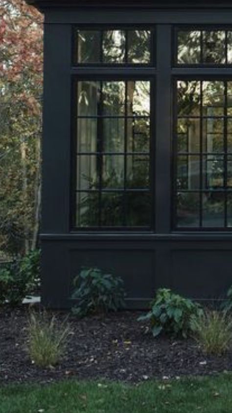 Black Window Sunroom, Black Orangery, Black Sunroom, Entrance Addition, Black Conservatory, Victorian Sunroom, Sunroom Exterior, Black Home Exterior, Glass Sunroom