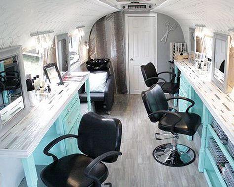 Beauty salon in a vintage Airstream trailer! #OnlyInAustin Mobile Hair Salon, Mobile Beauty Salon, Salon Interior Design Ideas, Nail Salon Interior Design, Beauty Salon Interior Design, Home Hair Salons, Airstream Trailer, Interior Design Pictures, Hair Salon Interior