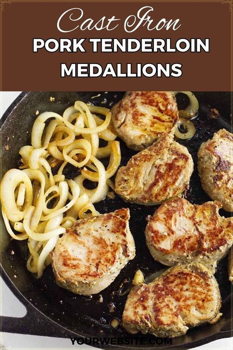 Cast Iron Pork Tenderloin Medallions are a weeknight  lifesaver for busy weeknights. This incredibly quick and easy recipe  creates perfectly cooked, juicy pork tenderloin medallions in just  minutes.  Take advantage of those two-for-one pork marinated tenderloin deals  at the grocery store, and have a restaurant quality dinner in less than  20 minutes! Pork Medallions In Oven, Frozen Casserole Recipes, Pork Medallion Recipes, Pork Tenderloin Medallions, Juicy Pork Tenderloin, Pork Medallions, Marinated Pork Tenderloins, Tenderloin Recipes, Marinated Pork