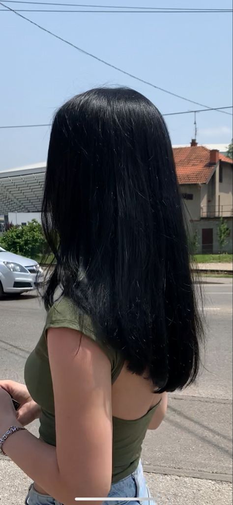 Layers Black Hair Medium, Long Hair With Minimal Layers, Asian Jet Black Hair, Black Hair Dye Aesthetic, Mid Length Hair With Layers Black, Straight Medium Layered Hair, Jet Black Medium Length Hair, Dark Black Hair Short, Short Layered Black Hair