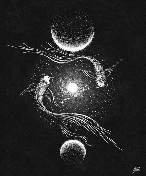 Zodiac Illustration, Black Paper Drawing, Carpe Koi, Black And White Art Drawing, Celestial Art, Zodiac Art, Black And White Drawing, Black And White Illustration, Pisces Zodiac