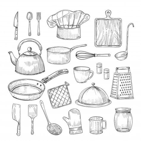 Cooking Tools Illustration, Kitchen Tools Illustration, Kitchen Tools Drawing, Utensils Drawing, Kitchen Objects, Pattern Sketch, Kitchen Drawing, Kitchen Tool Set, Object Drawing