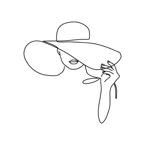 Woman in hat vector one line art. Line art. Minimalist print. Black and white. Beauty logo. Portrait of young modern woman wearing hat. Vector Woman Wearing Hat, Black Pen Sketches, Drawing Hats, Woman In Hat, Logo Portrait, Line Art Minimalist, Hat Vector, Black And White Girl, One Line Art