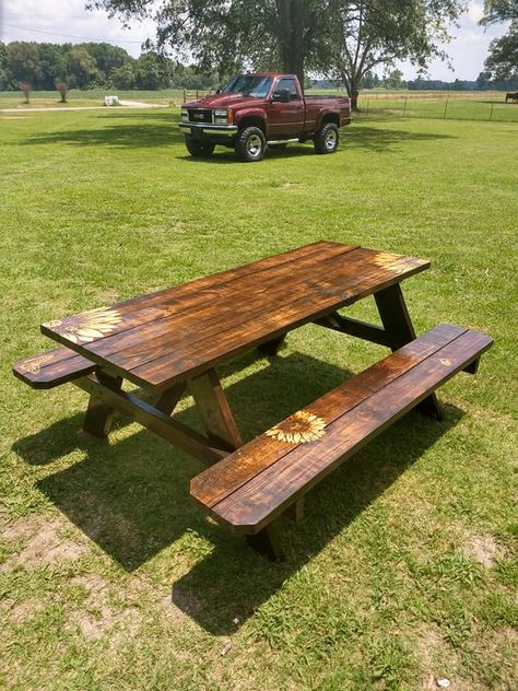 Picnic Table Landscaping, American Flag Picnic Table, Stained Picnic Table, Diy Picnic, Diy Picnic Table, Torch Wood, Stained Table, Bronze Award, Garden Fun