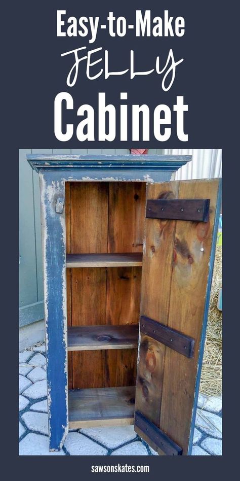 These free plans show how to build a DIY jelly cabinet step by step! #sawsonskates Diy Primitive Cabinet, Jelly Cabinet, Diy Cupboards, Diy Jelly, Nightstand Black, Jelly Cupboard, Primitive Cabinets, Simple Woodworking Plans, Rustic Cabinets