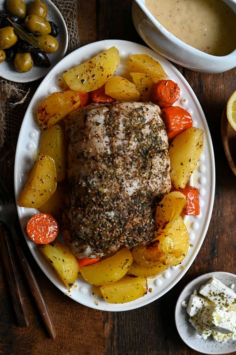 Pork roast with Greek lemon potatoes Greek Pork Loin, Greek Pork Recipes, Center Cut Pork Roast, Cooking Pork Loin, Greek Style Potatoes, Boneless Pork Loin Roast, Lemon Roasted Potatoes, Greek Lemon Potatoes, Boneless Pork Roast