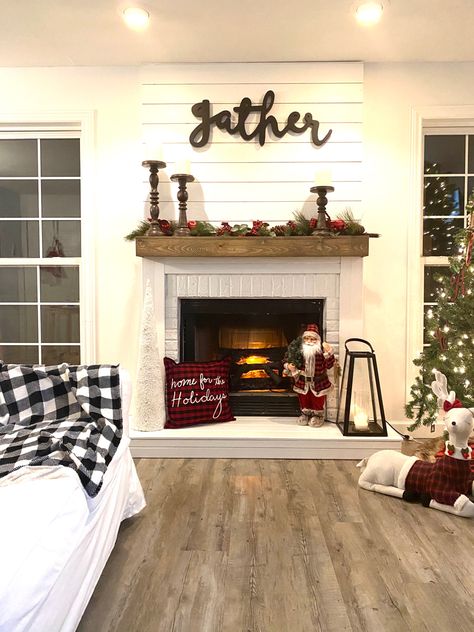 Shiplap Fireplace Bedroom, Shiplap Covered Fireplace, Shipload Fireplace, Shipman Fireplace, Farmhouse Gas Fireplace Ideas, Shiplap Behind Fireplace, Stained Shiplap Fireplace, Shiplap Fireplace With Hearth, Diy Hearth For Fireplace